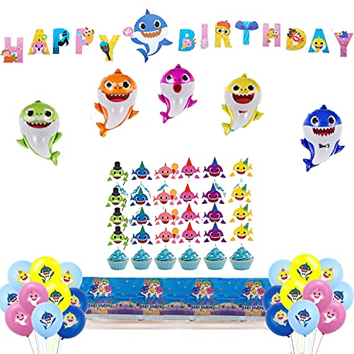 Baby Shark Party Decorations Set for Baby Kids - Shark Tablecloth Cupcake Toppers, Balloons, Shark Birthday Banner Baby Shower Under The Sea Ocean Supplies