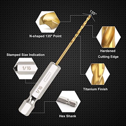 Comoware Titanium Twist Drill Bit Set - 10 Pcs 1/16" Hex Shank High Speed Steel For Wood Plastic Aluminum Alloy, Quick Change #TOP1