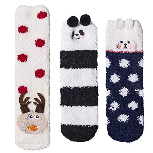 Loritta 3 Pairs Womens Fuzzy Socks Winter Warm Fluffy Soft Slipper Home Sleeping Cute Animal Socks,O-Deer+Panda+Bear #TOP1