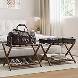 Smart FENDEE Set of 2 Fully Assembled 26.77' Dark Walnut Luggage Racks with Foldable Shoe Shelf, 5 Heavy-Duty Straps Bamboo Suitcase Stand, Luagge Holders for Guest Room Bedroom, Hotel