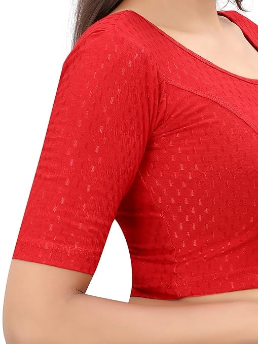 Image of Round Neck Dobby Cotton Lycra Stretchable Elbow Sleeve Readymade Saree Blouse for Women Stylish