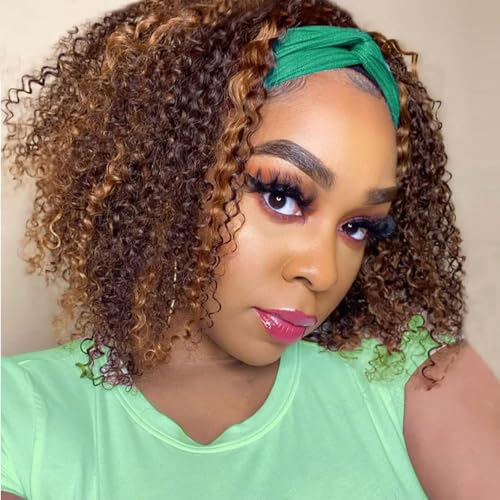 Image of Ombre Headband Wig Human Hair 4 /27 Highlight Kinky Curly Glueless Wig 12 In