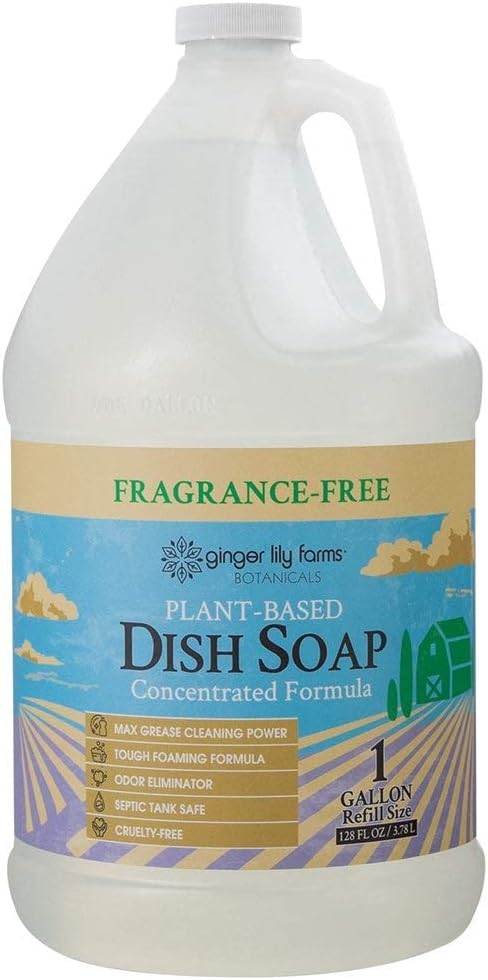 Ginger Lily Farms Botanicals Plant-Based Liquid Dish Soap, Concentrated Formula & Club & Fitness Conditioning Liquid Hand Soap Refill, 100% Vegan & Cruelty-Free, Fragrance Free, 1 Gallon