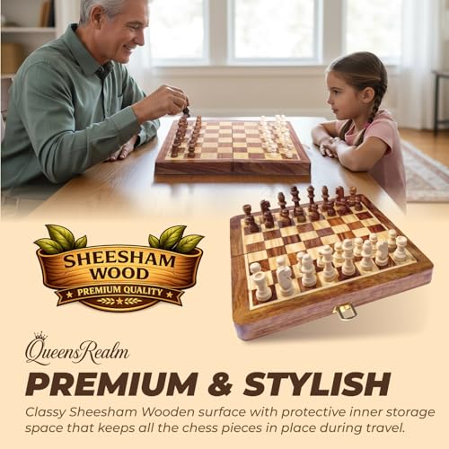Image of QueensRealm 12 Inch Sheesham Chess - Handmade Magnetic Chess Board Set with Magnetic Wooden Chess Pieces | Premium Foldable Chessboard for Kids & Adults for Indoor Outdoor Chess Set (12 x 12 Inch)
