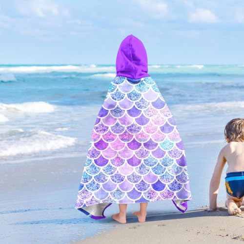 Image of Mermaid Girls Beach Towel with Hoodie for Kids Toddlers Age 4-8, Pink Blue Bath Towels Shower Wrap for Girls, Hooded Poncho Beach Blanket for Pool Swimming Cute Wearable Bath Towel for Child