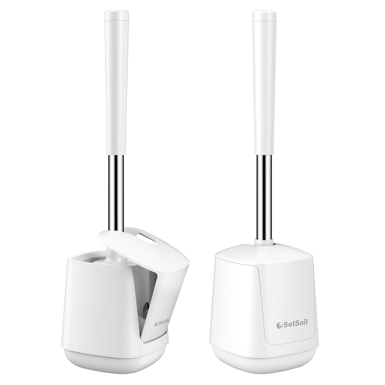 SetSail Toilet Brush 2 Pack, Self Closing Lid Toilet Bowl Brushes Holder and Extra Long Handle Ventilated Toilet Brush Set for Bathroom Cleaning, Nylon Bristles, Pure White