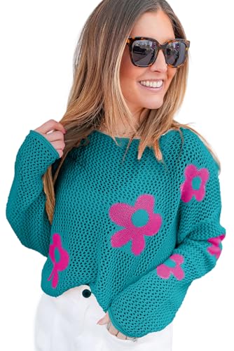Casual Knit Top with Floral Pattern and Open Knit - Sea Green
