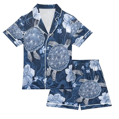 ALAZA Beautiful Sea Turtle Flower Blossom Satin Pajamas Set Short Sleeve Button Down Sleepwear Summer Pjs 2 Piece