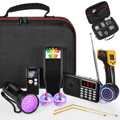 Image of Dunzy 11 Pcs Ghost Hunting Equipment Kit Include Ghost Radio, Electromagnetic Paranormal Radiation Detector, EVP Recorder, UV Flashlight 2 LED Light up Cat Balls Etc(Emf Meter)
