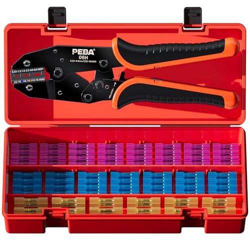 PEBA Crimpzange Set mit Stoßverbindern, Schrumpfverbinder & Kabelverbinder Set, IP67 wasserdicht, verzinntes Kupfer bis 48A, 0,34–6,0 mm², für KFZ, Marine & Elektrik