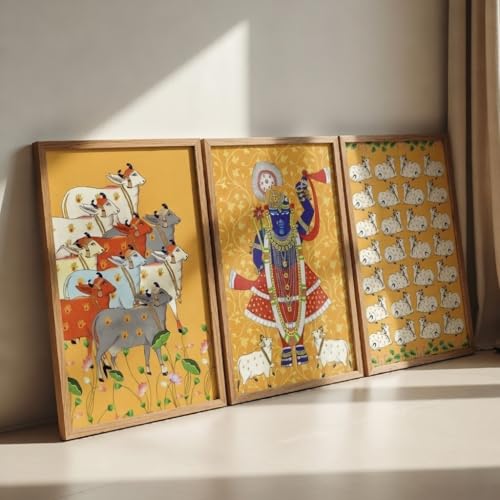 Image of Livin'luxe Set of 3 Krishna Pichwai Wall Art Premium MDF Wooden Color Framed HD UV Printed Traditional Indian Religious Painting for Living Room Home Decor 13.5 Inch x 19.5 Inch