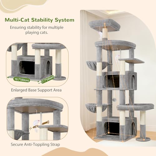 Image of Globlazer 75in Sturdy Cat Tree for Large Cats, Heavy Duty Multi-Level Cat Tower for Indoor Cats with Extended Platform, 2 Spacious Condos, 2 Padded Perches, 6 Sisal Scratching Posts, S75, Light Grey