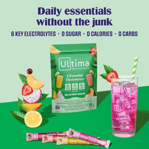 Image of Ultima Replenisher Electrolyte Powder & Instant Tea Drink Mix - TeaFresher Variety, 16 Stickpacks - Sugar Free Electrolytes Hydration Packets with Fruit & Tea Fusions - Plant Based & Keto Friendly​