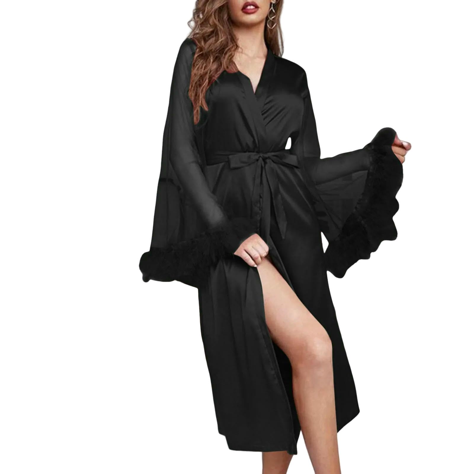 Accappatoio Donna Abito da Sposa Femminile con Rifinitura in Pizzo Feste di Nozze Kimono Abiti Raso Morbido Che Ottiene-Blu-l