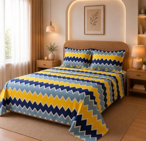 Image of HOMEKART Glace Cotton 160 TC Multi Printed Double Bedsheet with 2 King Size Pillow Covers | Soft & Durable | 86 x 88Inches (Yellow & Grey)
