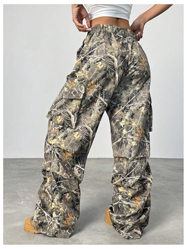 OYOANGLE Women's Camo Print Baggy Cargo Pants Elastic Waist Flap Pocket Straight Leg Trousers Streetwear2