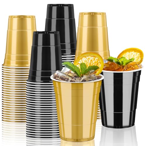 GGOLDMER 50 Pack 16oz Plastic Party Cups - Black and Gold Disposable Plastic Cups Graduation Cup for Cold Drinks Halloween Party Weddings Birthdays Picnic Holiday