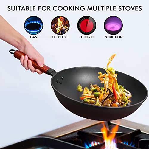 Sodomai Carbon Steel Wok, 13 Inch Wok Pan With Lid Woks & Stir-Fry Pans With Spatula, Cookware Accessories, No Chemical Coated Flat Bottom Chinese Wok For Induction, Electric, Gas Stove, All Stoves #TOP5