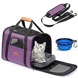 Morpilot ペットキャリー 猫 きゃりーバッグ 4way ショルダー 中・大型猫・小型犬・うさぎ用 リュック 折りたたみ 通気性 臭気がない 引っ掻き傷に強い 車載/ドライブ/キャンピング/旅行/通院/災害避難用 猫 バッグ (マット/飛び出し防止リード/猫食器付き) (パープル Mサイズ:43*28*35cm)