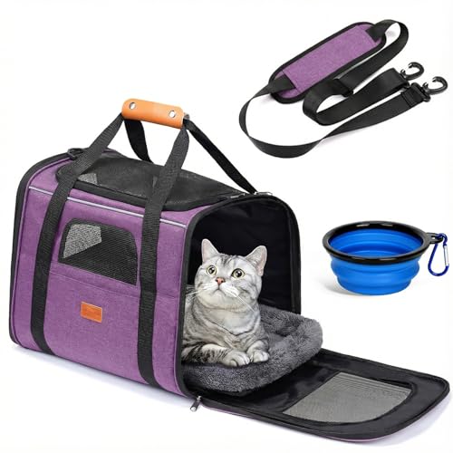 Morpilot ペットキャリー 猫 きゃりーバッグ 4way ショルダー 中・大型猫・小型犬・うさぎ用 リュック 折りたたみ 通気性 臭気がない 引っ掻き傷に強い 車載/ドライブ/キャンピング/旅行/通院/災害避難用 猫 バッグ (マット/飛び出し防止リード/猫食器付き) (パープル Mサイズ:43*28*35cm) - Morpilot - 商品画像