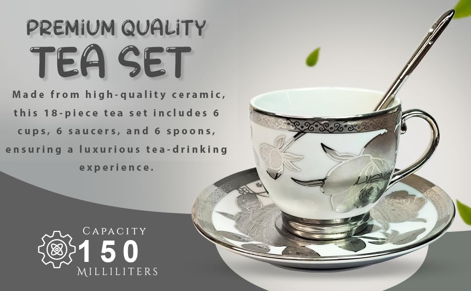 Image of Premium Ceramic Tea Set - 18 PCS | Elegant Gold-Plated Tea Cup Set with 6 Cups, 6 Saucers, 6 Spoons | Ideal for Home, Office, and Parties (Silver)