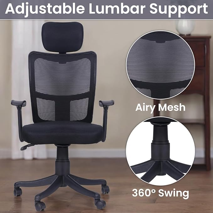 Image of Ergonomic Office Chair with Headrest, Mesh Back, Adjustable Arms, Black