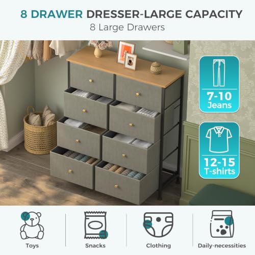 Image of OLIXIS 8 Drawer Storage Dresser for Bedroom, Closet Organizers Units | Fabric Dresser with Wooden Top, Chest of Drawers Clothes Storage, Tower Cabinet, TV Stand Furniture, Dark Green