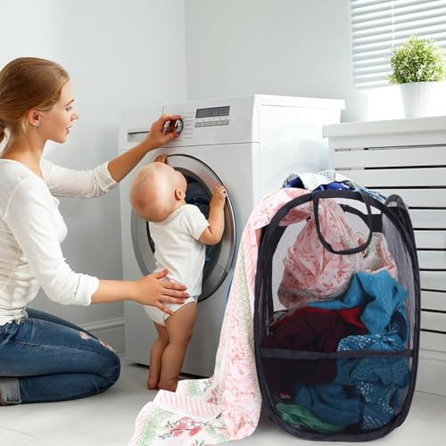 Image of Mesh Laundry Foldable Basket 2 Pc (28 x50 cm)- Breathable, Sturdy, Foldable, and Space-Saving Design for Clothes and Storage. (2, 2 Pcs SMALL (28X28X50) - Black /Sky /Royal /Red)