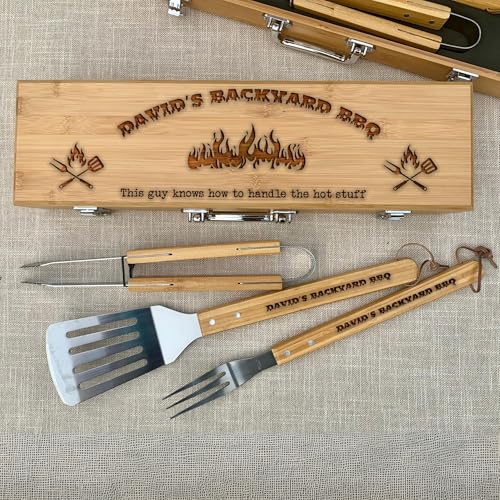 Custom Engraved BBQ Tool Set - Personalized Grill Utensils in Bamboo Case, Perfect Gift for Grill Masters - Includes Customizable Spatula, Fork & Tongs for Father's Day, Christmas, and Birthdays