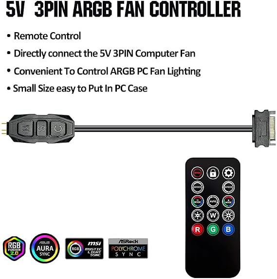 ARGB Controller Kit for PC RGB Case Fans, ARGB Splitter, SATA Power RGB Fan Controller, Computer ARGB Fans Hub Control RGB and Single Light Effect , 14 Key Remote Control Switch Colors RGB Fan hub