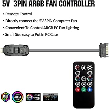 ARGB Controller Kit for PC RGB Case Fans, ARGB Splitter, SATA Power RGB Fan Controller, Computer ARGB Fans Hub Control RGB and Single Light Effect , 14 Key Remote Control Switch Colors RGB Fan hub