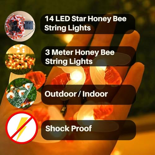 Image of MoonlitDreams 3 Meter 14 LED Honey Bee String Fairy Lights - Waterproof Decorative Lights for Home, Diwali, Christmas, Halloween & Party Decor |Warm White (Pack of 1)
