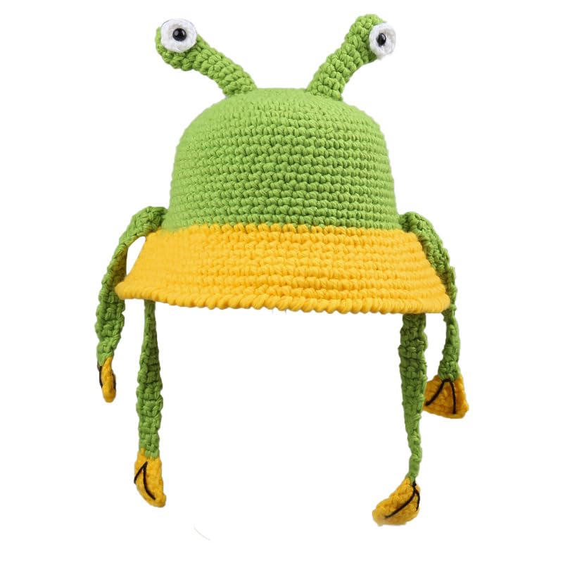 Funny Handmade Handwoven Cartoon Frog Crochete Hat for Music Festival Stylish Frog Fisherman Hat Green3
