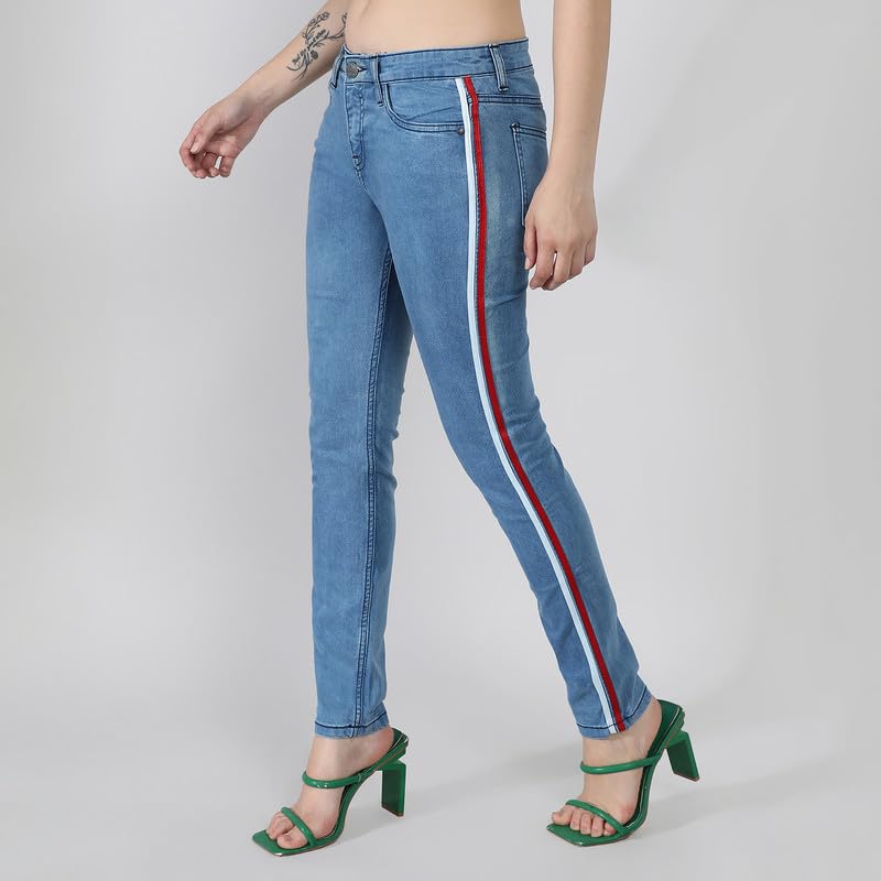 Image of PINACOLADA Women's Side-Striped Denim Jeans for Casual Wear | Light-Wash | Regular Fit | Button Closure | Cotton Denim Jeans Crafted with Comfort Fit for Everyday Wear