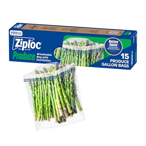 Ziploc Food Storage Produce Bags, Seal Top to Keep and Control Moisture, 15 Bags Total
