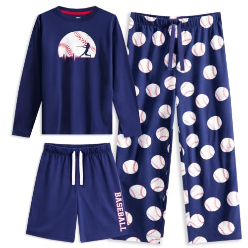 Image of US Angels Boys Pajamas Set | 3-Piece Pant, Shirt, Shorts Sleepwear Pjs for Kids | Loose Fit, Soft, Breathable Blue Plaid