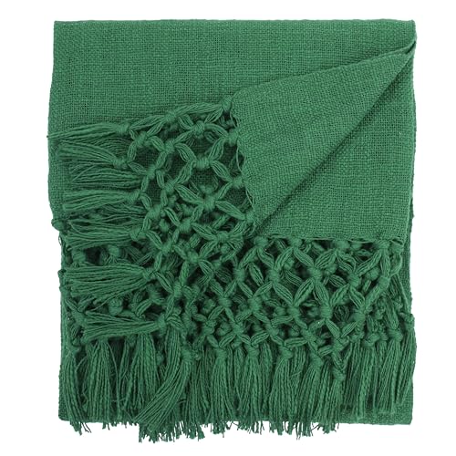 Image of HAKAM Cotton Throw Blanket with Macrame Tassels for 3 Seater Sofa | Ideal for Your Home, Living Room, Sofa, Bed, Chair, Picnic & Used for Gift - 50X70 inch (Dark Green, Small Single)