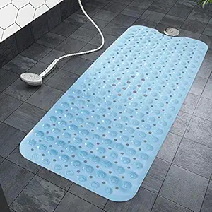 HOKIPO Extra Long Bath Tub Mat With Anti-skid Suction Cups (Blue, PVC, 40 cm X 100 cm)