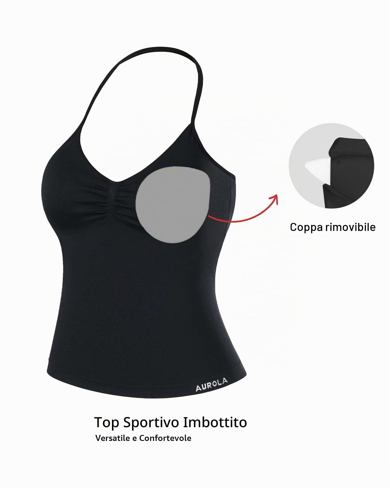 AUROLA Influence Longline Strappy Allenamento Halter Top per Le Donne, Coppe Rimovibili Reggiseno Imbottito Impact Gym Yoga Top Senza Maniche, Nero, S
