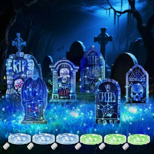 Halloween Grabstein Requisiten, 6 Stück Wasserdichtes Halloween Grabsteine Deko mit 6 Stück Lichterkette, Den Außenbereich gruselige Grabsteine, für Garten Dekoration