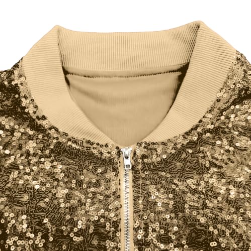Gryvoilet Women Glitter Sequined Bomber Jacket Zip Up Rib Stand Collar Long Sleeve Cropped Sparkly Jacket Casual Party Club Coat with Pockets - image 5