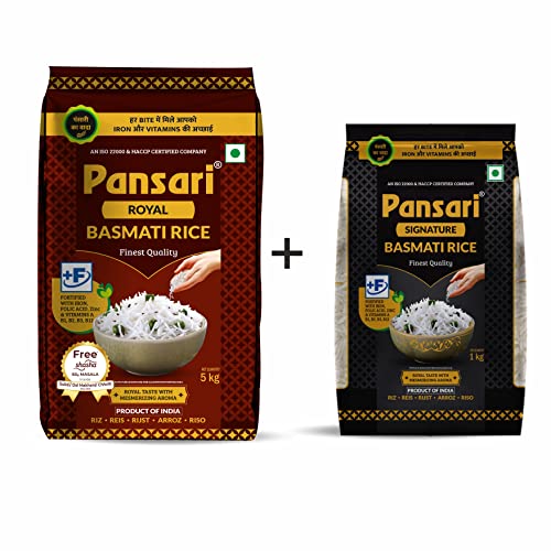 Image of Pansari Basmati rice Combo Royal & Signature, Great Taste and Mesmerizing Aroma | Long Grain, Naturally Aged(2-Years) with Fortified | Basmati Rice, Biryani Rice, Pulao Rice (5+1Kg)
