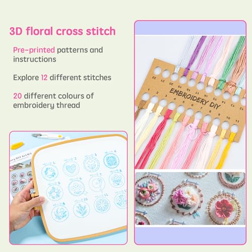 Image of PTMTFYL Small Flower Frame Embroidery Kit - Learn 12 Different Stitches DIY Hand Floral Embroidery Starter Kit with Pattern and Instructions