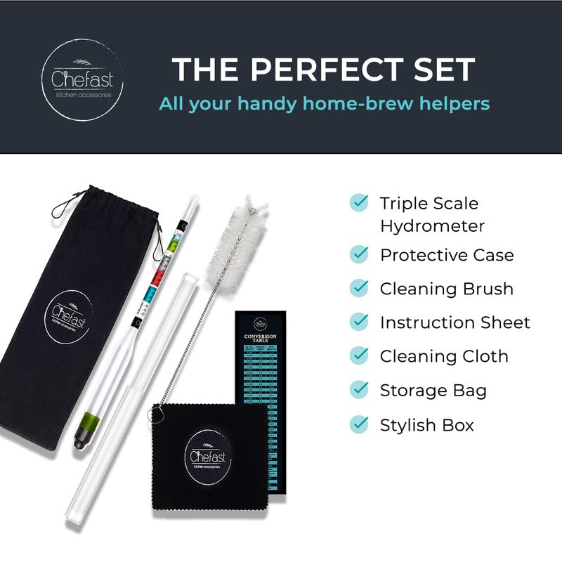 Chefast Triple-Scale Hydrometer Kit for Wine, Beer, Mead and Kombucha - Alcohol Tester, Hydrometer Alcohol, ABV, Brix and Gravity Tester - Home Brewing Supplies, (Without Cylinder Test Jar)