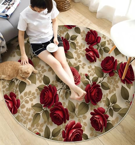 Tapis rond roses rouges 80cm lavable machine anti-dérapant - 6