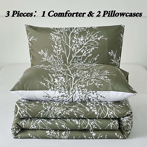 Angiyuin 3 Pcs Emerald Green Queen Comforter Set, Army Green Botanical Comforter Bedding Set, Tree Branches Printed Green Bedding Set Queen For All Season #TOP3
