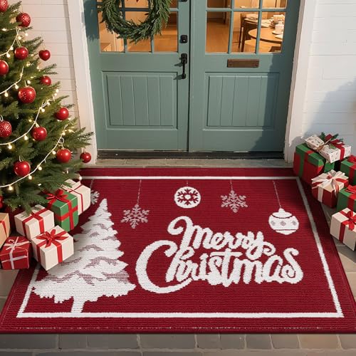 MJIAIDEA Christmas Doormat with Non Slip, Loop Pile Red and