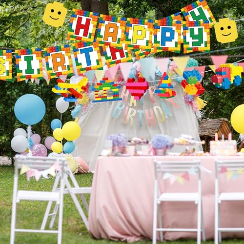 Image of 1pcs Building Block Party Supplies Banner Baby Boy Toddler Kids Birthday Decorations Brick Themed Birthday Party Decor