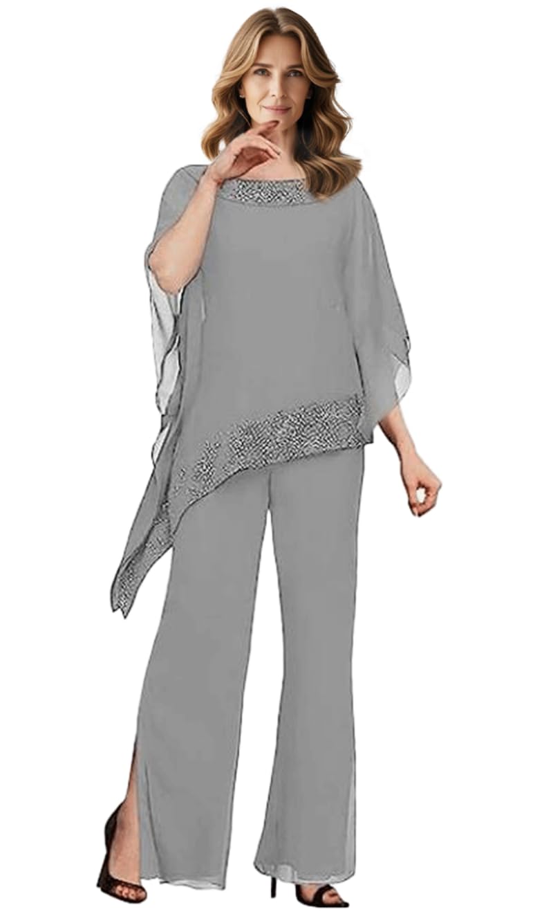 Women's Mother of The Bride Pant Suits 3 Pieces Chiffon Outfit Sets for Wedding Pant Suit with Jacket Silver