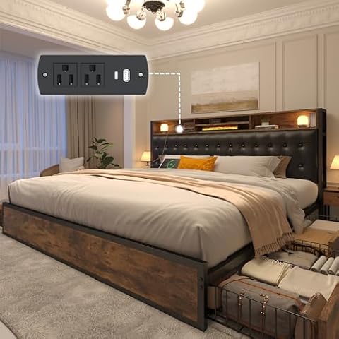 EnHomee King Size Bed Frame with 4 Storage Drawers King Bed Frame and Headboard UpholsteredKing Size Bed Frame with Storage & Charging Station,No Noise,No Box Spring Needed,Vintage Brown Cover